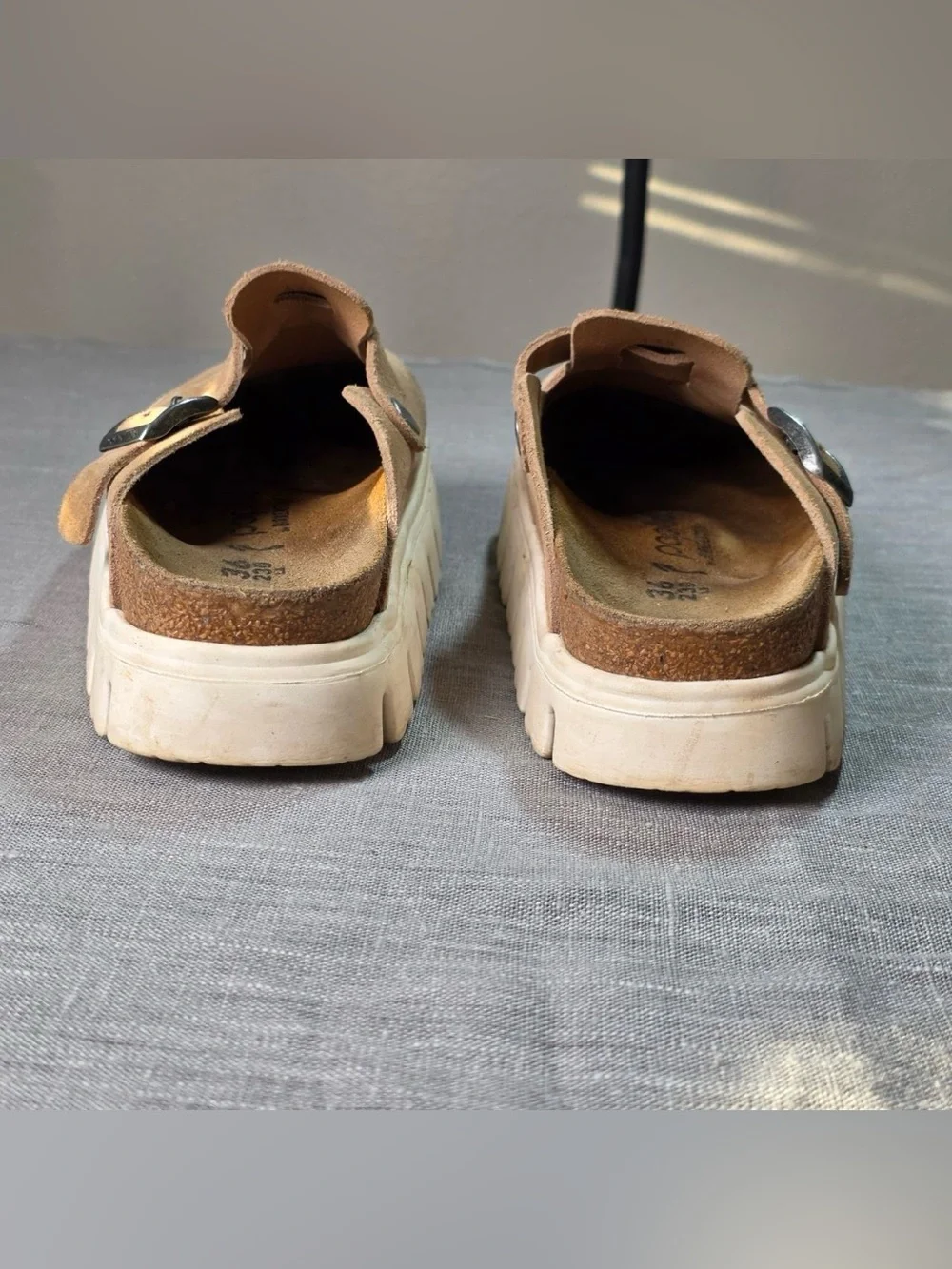 Papillio Birkenstock Boston Platform Clogs Suede Taupe Tan Chunky Mule Mules 36